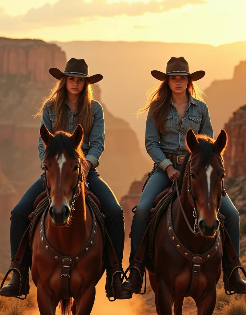 photo of two beautiful female, 25 yo , cowboy outfit , holding guns , looking at the viewer, horse riding, Grand Canyon, golden hour , dramatic shadows , natural lighting .