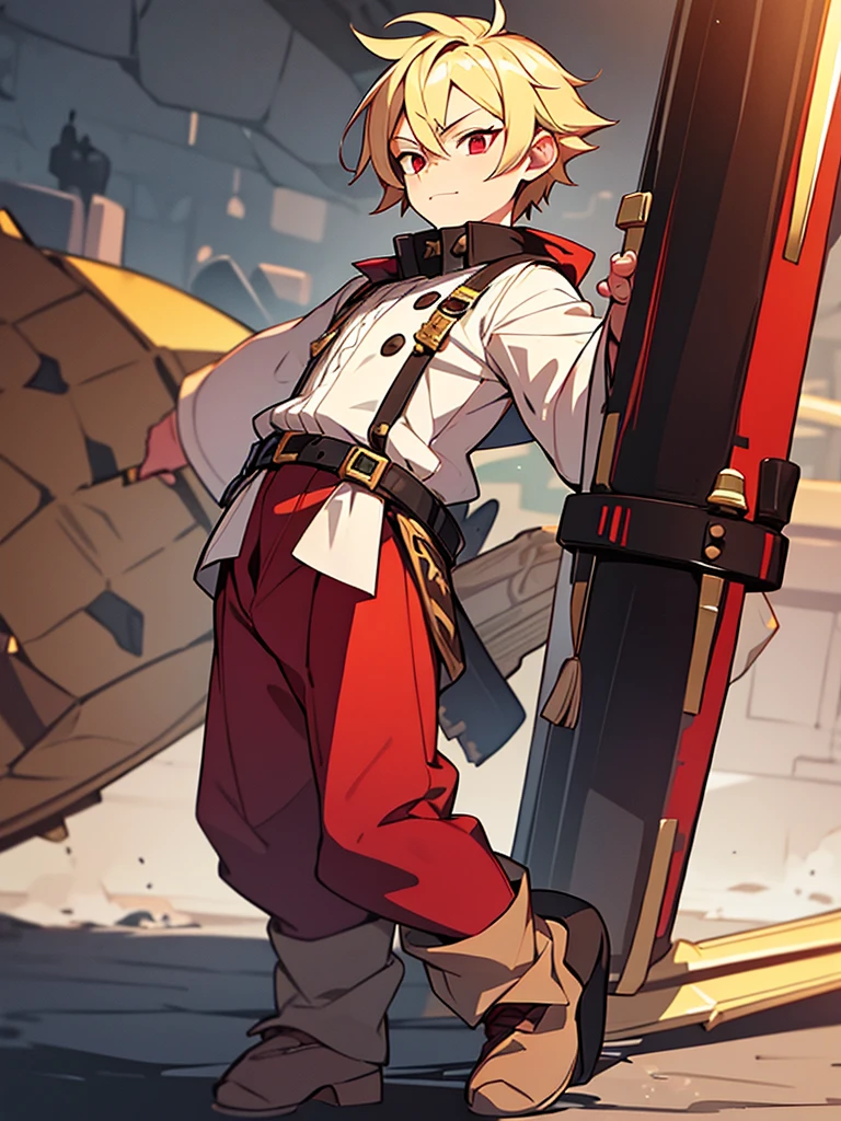 a young boy, childlike appearance, blond, with vibrant red eyes, he's low, a neutral expression, kinda lazy, wearing exotic clothes, having a gaucho style, kind of anime, being clothes a little bigger for his size, having big boots. He also has a large weapon of some sort that resembles a barbecue skewer., but you can be creative with this weapon, he also has firepower