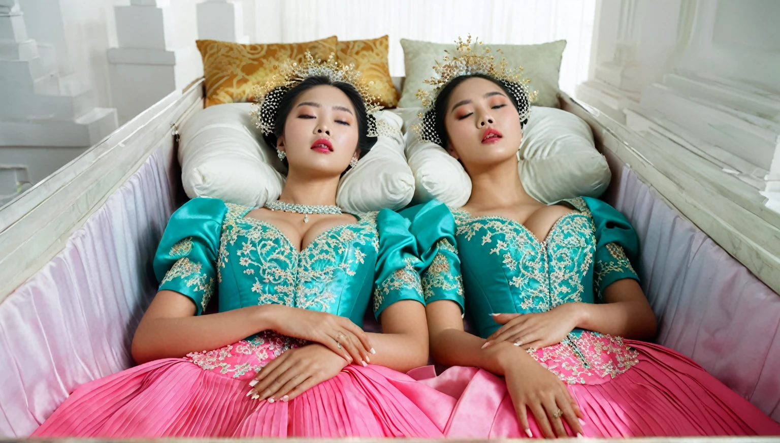 In a striking 8K HDR scene, a stunning Korean woman, 22 years old, lies peacefully in a long coffin and coffin lid beside the dead body. surrounded by plush pillows behind head. The deep box is set against a rich white background, accentuating the beauty of the subject. Her exquisite deep-V neckline kebaya attire is embroidered with superb detail, showcasing her round and firm , perfect cleavageautiful eyebrows. Her closed eyes and mouth give an air of serenity, while her visible and absolute cleavage leave to imagination. The scene is bathed in saturated colors, highlighting every intricate aspect from the ball skirt to her clean face, straight body, detailed hand perfect hands, straight body