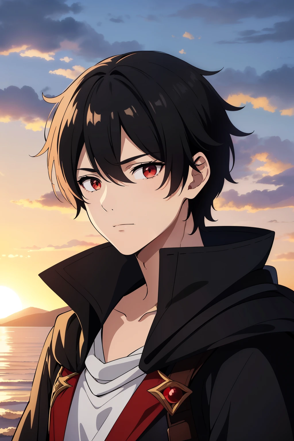 (high-quality, breathtaking),(expressive eyes, perfect face) 1boy, male, solo, young adult, Symmetrical Eyes, portrait, black hair, red eye color, short hair length, messy loose hair, neutral expression, soft smile, white shirt, black cloak red trim, fantasy attire, adventurer profession, sunset sky, summer theme, armor, cape
