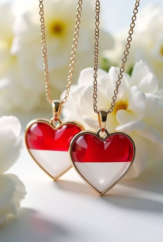 Delicate and sober heart-shaped
pendants with chain each in shiny
glass Indonesian flag, with the well-
written engraved names "Abdul Kodir" background with white
flowers HD, rendering 3d, fashion,
vibrant, photo.