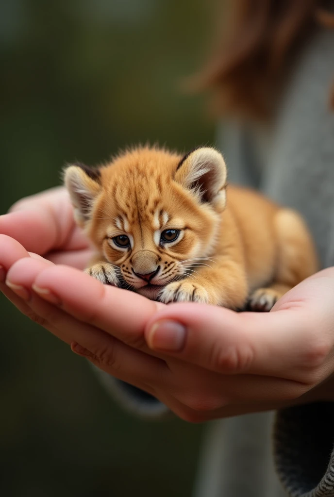 There is a small lion cub sitting in a person's hand, a miniature lion cub, a miniature animal, sitting on a finger, cute and cute, cute and cute, cute kitty, cute lion cub, the photo is very realistic,  Very small, beautiful lion picture, just a neat little thing, cute little nose, beautiful and cute, beautiful creature, pretty cute, very detailed photo.