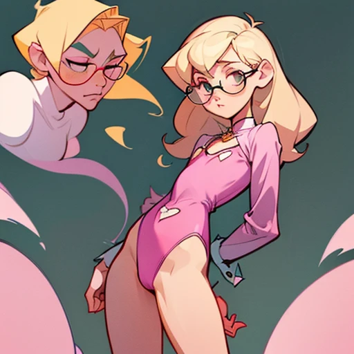 Ghost girl with a thin, sharp face with a flat nose, small eyes and asian features with glasses and Long blonde curly hair
Thin tomboy body type, with small chest, large hips and elegant thin arms and large legs with pronounced thighs
Pink
Dressed in transparent pin up erotic underwear And Ligurian
(((character sheet))) ((various views)) ((front and back) (Face detail) (full body)