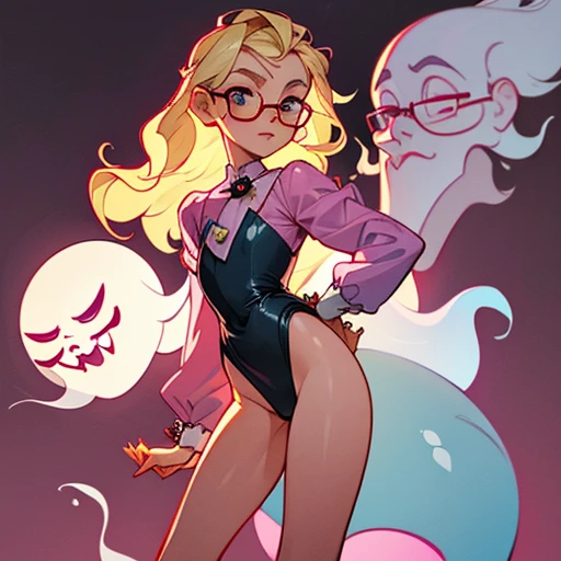 Ghost girl with a thin, sharp face with a flat nose, small eyes and asian features with glasses and Long blonde curly hair
Thin tomboy body type, with small chest, large hips and elegant thin arms and large legs with pronounced thighs
Pink
Dressed in transparent pin up erotic underwear And Ligurian
(((character sheet))) ((various views)) ((front and back) (Face detail) (full body)