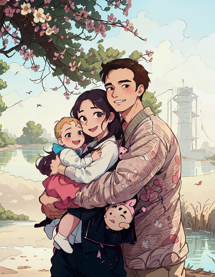 (best quality:0.8) perfect anime illustration, a man and woman holding a in front of a lake, husband wife and son, family photography, portrait of family of three, family photo, family portrait, happy family, color corrected, 🤬 🤮 💕 🎀, complex background, photo of a beautiful, kailee mandel, corrected, 🕹️ 😎 🔫 🤖 🚬, cute photo, smiling, happy family