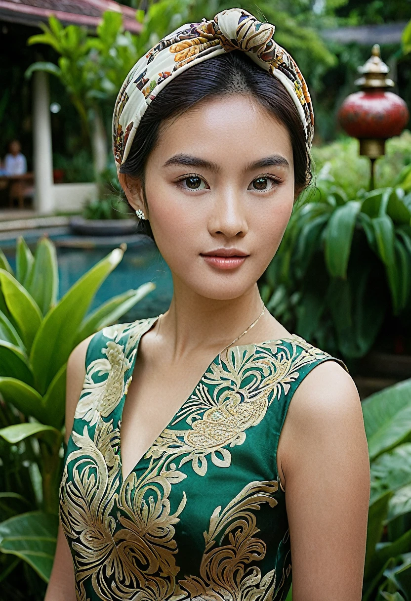 1 beautiful girl, Stunning 35mm photo, ((perfect eyes)), (highly detailed skin), ((looking at camera)), 35mm, Hasselblad. capturing fashion-forward visuals, Attending a Garden Party: "A stunning Asian woman at an upscale garden  in Indonesia, wearing an elegant silk dress with intricate batik patterns and a matching headscarf. She mingles with guests in a beautifully landscaped garden, surrounded by traditional Indonesian lanterns, lush tropical plants, and ornate wooden carvings, showcasing her sophistication and affluence