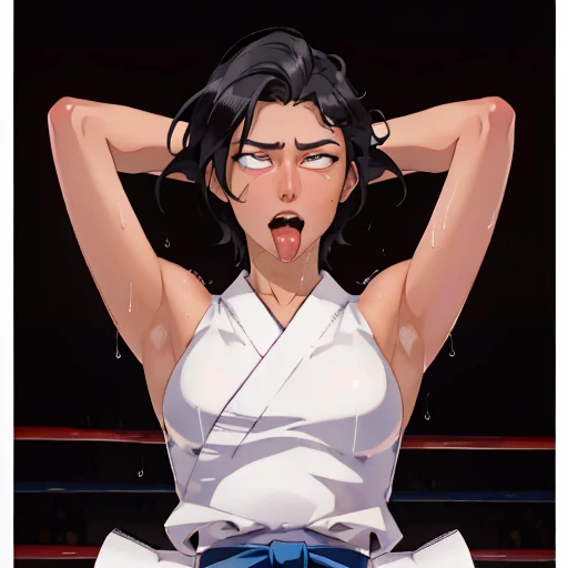 ((((masterpiece, best quality, high resolution)))), Extremely detailed 8K, 1 female, wearing a white Karate gi, (ahegao),white eyes, Small breasts, sash, japanese clothes, No underwear,No eyeballs, Facing the audience, looking at the audience, tired, from below, (Exposed armpit:1.1), ((armpit:1.2)), sexy, Sweating, More and more sweat,(ahegao), (Roll your eyes), open mouth, Sticking out tongue, saliva, Slobber,Skinny, raise arms, (arms above head:1.5)(Ultra HD, Ultra-detailed, Highly detailed, Highly realistic, Ultra-realistic, photograph realistic), (1girl:1.5), (Realistic black hair), (dynamic poses), facing at camera, looking at viewer, (slightly serious face), (perky breasts:1.2), (beautiful detailed face, beautiful detailed eyes), ((worn out karate gi)), (preparing for a fight), sweat, glow, (sunbeam, sunlight), ((cowboy shot)), inside a training gym, seductive, EnvyBetterHands LoCon,