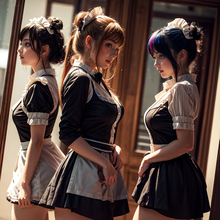 (Extremely Detailed((Kawaii Maid Group in a row:1.37))), ish perfect face, Reflective Eyes, Detailed(Delicate Clothing textures), Dynamic Joyful Expressions LifeLike Rendering, (Specular Reflection:1.2), TopQuality 8K Ultra-detailed masterpiece (ProfessionalPhoto:1.37), (Acutance:0.8), (Luminism:1.28), (Renaissance art style), (Colorful Light particles:0.75), (Muscle:-0.5), ((Full body from side)), {(SkirtLift)|glossy floor|Kissing}, Radiant Fine Skin with Transparency, (Exposed:0.5), (Different types of Vivid hair colors:1.35)