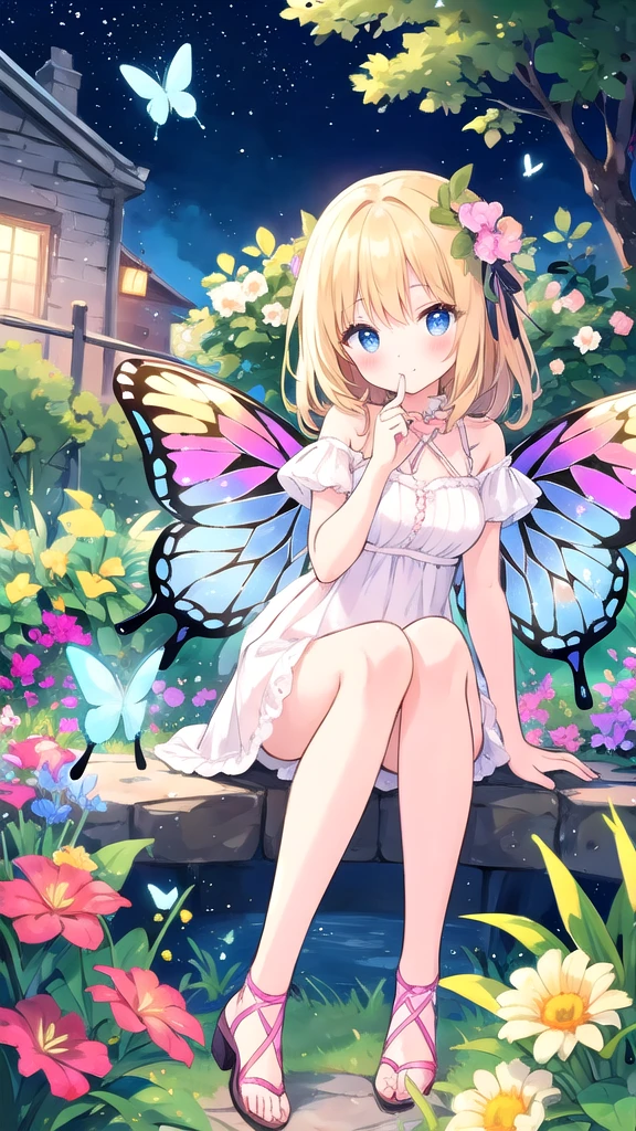 Beautiful illustrations, Highest quality, pretty girl, garden, butterfly, wing