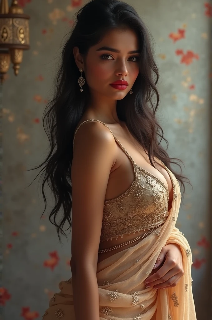 A beautiful 17 year old brown girl, tall, big boobs, jucy lips with red lipstick, curvy ass, beautiful eyes, wears hijab, wears transparent saree with sleevless blouse showing a lot of cleavage.