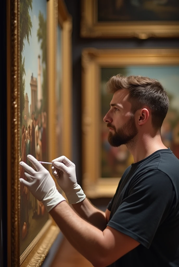 Wearing white gloves、Man working on paintings in a museum
