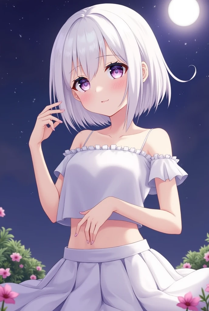 realistic, 1girl, white hair, purple eyes, glowing eyes, crop top, skirt, parted lips, blush, night, flowers, sun, sunlight,







