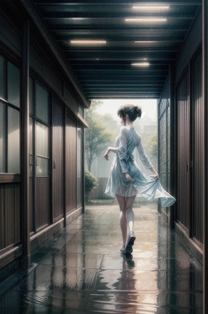 In a quiet, suburban street drenched in the soft afterglow of a recent rain, the camera is positioned at a low angle, capturing the scene from behind a young girl as she walks down the pathway. The shot is framed to emphasize the ethereal atmosphere created by the interplay of light and shadow. The girl's silhouette is central to the composition, bathed in warm sunlight filtering through the overhanging trees, which create a natural canopy above her.The scene is filled with a soft, golden hue, where the sunlight pierces through the dense leaves, casting dappled patterns on the wet pavement. Tiny droplets of water, suspended in mid-air, catch the light, appearing like glistening fireflies around the girl. Her posture is relaxed, her arms slightly swinging as she walks, her simple white dress swaying with her movements. The light breeze gently tousles her short hair, adding to the sense of serenity.Reflections of the girl and the surrounding greenery can be seen in the shallow puddles that still linger on the ground, enhancing the dreamy, almost surreal quality of the scene. In the background, out of focus, the urban elements of street poles and distant buildings are subtly suggested, hinting at the quiet neighborhood setting. The overall composition conveys a peaceful, nostalgic moment, capturing the fleeting beauty of a calm afternoon walk after the rain. UHD, 4K, HIGH QUALITY, QUALITY,