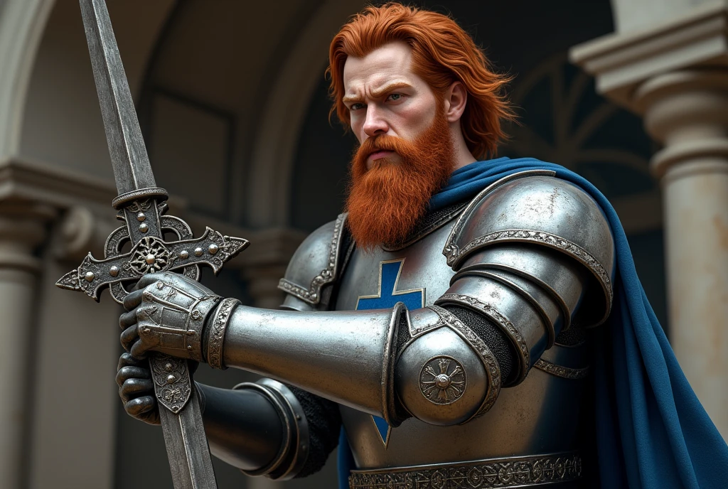 side view, action pose,  12th century, One of the  Knights of Order of the Hospital of St. John, (French man, 20 age-old, red  hair, long hair, beard, mustache, serious),Cover the whole body in armor, He has a double-edged sword in both hands, (one Crusader sword), The handle is cross-shaped, It is decorated, ((He wears a blue cloak with (a blue Malta  cross on his chest)),  Accurate,  ((Anatomically correct,Surrealism, UHD, retina, accurate, anatomically correct, textured skin, super detail, high details, best quality, 8K))