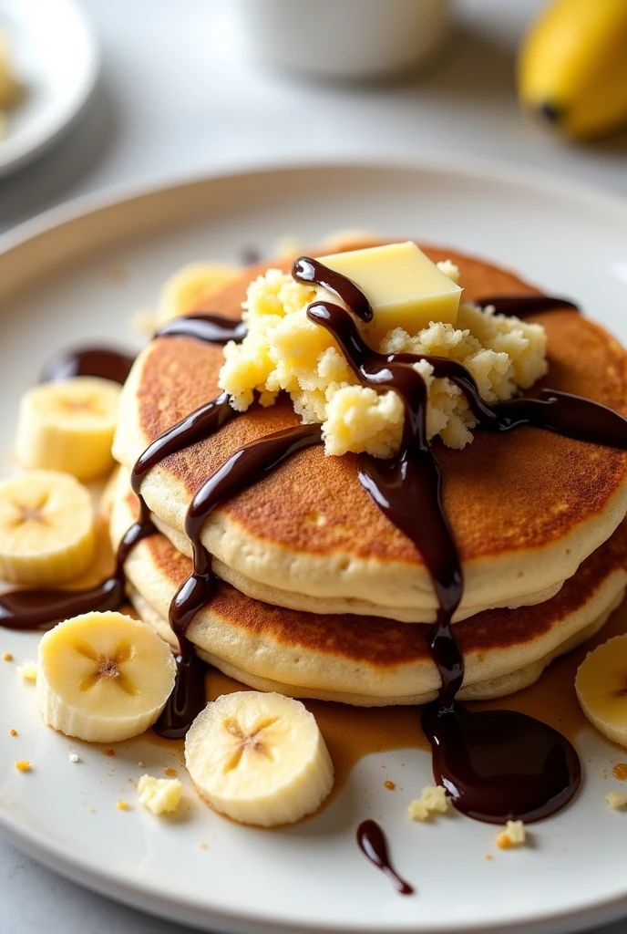 Create a picture about this product. Pancake with mash banana with chocolate or butter on top