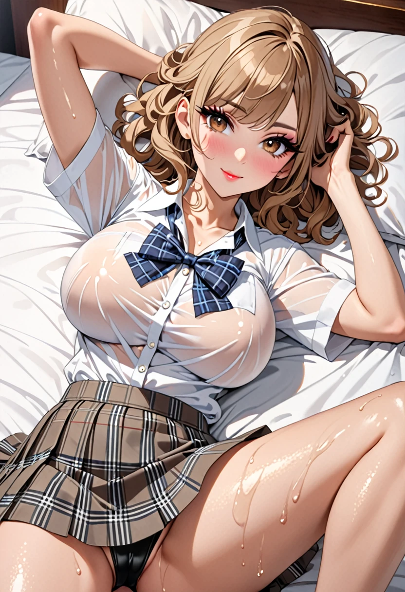 (Highest quality, Ultra-high resolution、The most complex and detailed depiction、masterpiece、8k, RAW Photos, Best image quality、Very detailedな顔、Attention to detail、Beautiful woman、Realistic、photo-Realistic、Very detailed, Beautiful attention to detail:1.5),(One adult woman:1.3)、(blush)、(Gal-style makeup、mascara 、eyeshadow、Dark eyeliner、Long and beautiful eyelashes、False eyelashes、double eyelid、heavy makeup、hostess、Brown eyes:1.5),high school girl,((Collared short-sleeved shirt, White shirt, school uniform, Grey plaid pleated skirt, Blue checked bow tie, Wearing a black thong)) (A seductive smile),(under boob、Huge breasts:1.2)、(Cleavage:1.2)、(((Light brown hair、Wavy Hair、short hair)))、elongated nose、Face with gills、(Perfect Style,sexy)、Saggy breasts、Large saggy breasts、((Sweat、Your body is wet、Skin that lets the shirt show through))、((lying on bed、armpits、spread legs))、Sleepy face