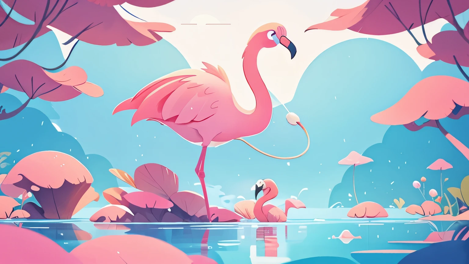 A flamingo (flamingo) gracefully flying above a calm body of water, with its wings elegantly stretched out. Text overlay: 'F untuk flamingo yang terbang tinggi'. The scene is serene with a soft pink and blue color palette. inspired by Goro Fujita, promotional art, illustration for children, by Choi Buk, by Murakami, 2d digital illustration
