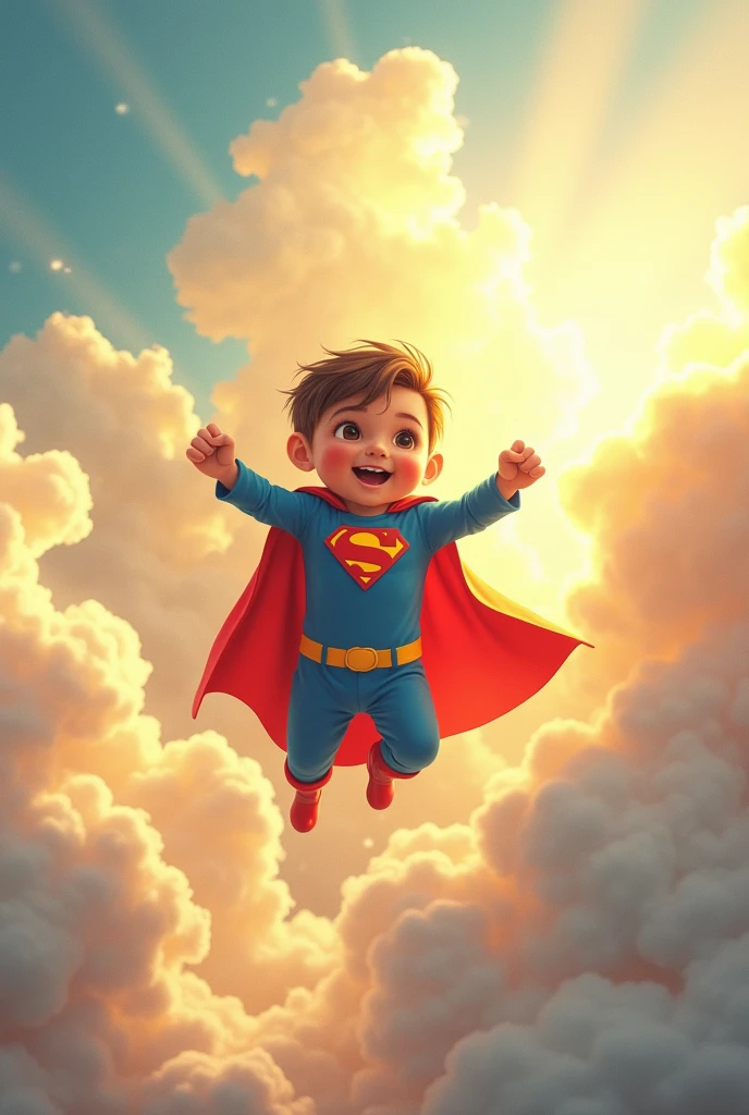 Little Superman is flying through the clouds