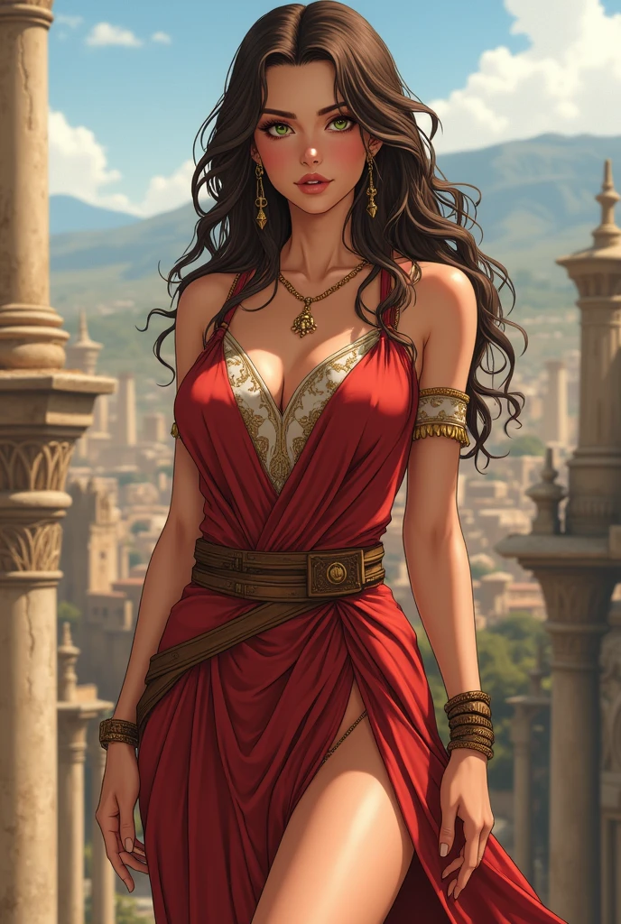 Olive skin, brown wavy hair, green eyes, Middle-aged woman, beauty, reddened cheeks, aroused, Ancient city in the background, Clothing style of antiquity, silk dress, Reveals skin on the legs, Reveals skin on the hips, Reveals skin on the breasts, Anime Style
