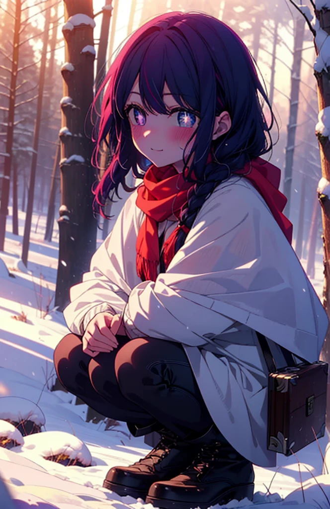 aihoshino, Ai Hoshino, Long Hair, bangs, (Purple eyes:1.1), Purple Hair, (Symbol-shaped pupil:1.5), smile,,smile,blush,white breath,
Open your mouth,snow,Ground bonfire, Outdoor, boots, snowing, From the side, wood, suitcase, Cape, Blurred, , forest, White handbag, nature, Squat, Mouth closed, Cape, winter, Written boundary depth, Black shoes, red Cape break looking at viewer, Upper Body, whole body, break Outdoor, forest, nature, break (masterpiece:1.2), Highest quality, High resolution, unity 8k wallpaper, (shape:0.8), (Beautiful and beautiful eyes:1.6), Highly detailed face, Perfect lighting, Highly detailed CG, (Perfect hands, Perfect Anatomy),