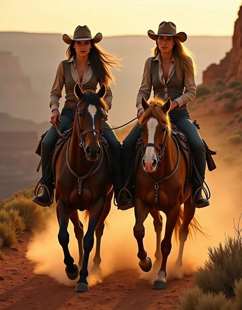 photo of two beautiful female cowboy outlaws , each holding gun , looking at the viewer, horse riding, Grand Canyon, golden hour , dramatic shadows , natural lighting . dusty mood