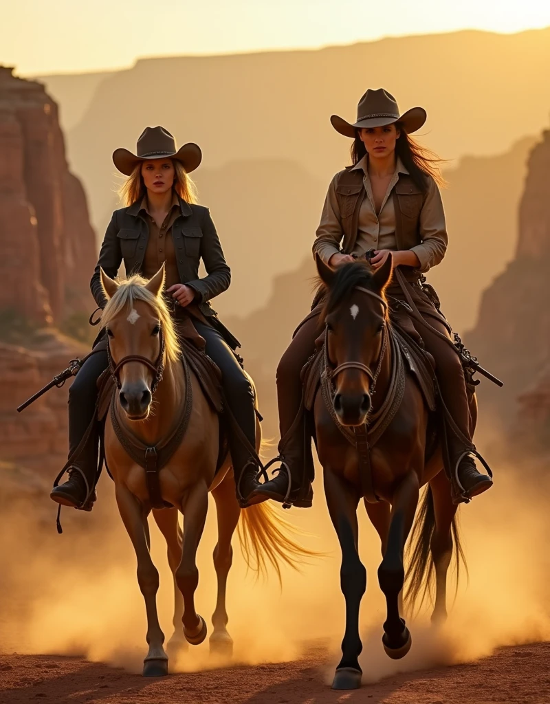 photo of two beautiful female cowboy outlaws , each holding gun , looking at the viewer, horse riding, Grand Canyon, golden hour , dramatic shadows , natural lighting . dusty mood
