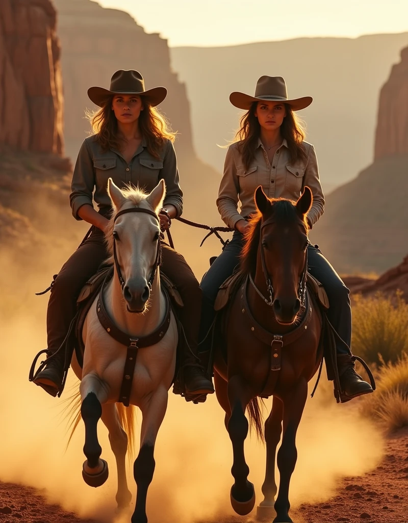 photo of two beautiful female cowboy outlaws , each holding gun , looking at the viewer, horse riding, Grand Canyon, golden hour , dramatic shadows , natural lighting . dusty mood