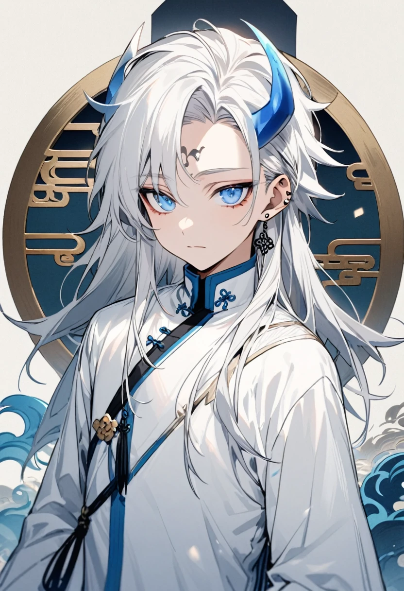 A young-looking man with long silver hair and blue-white horns on his head (in the middle of his head above his forehead) and piercing deep blue eyes. Dressed in a traditional-looking Chinese suit that is completely white.