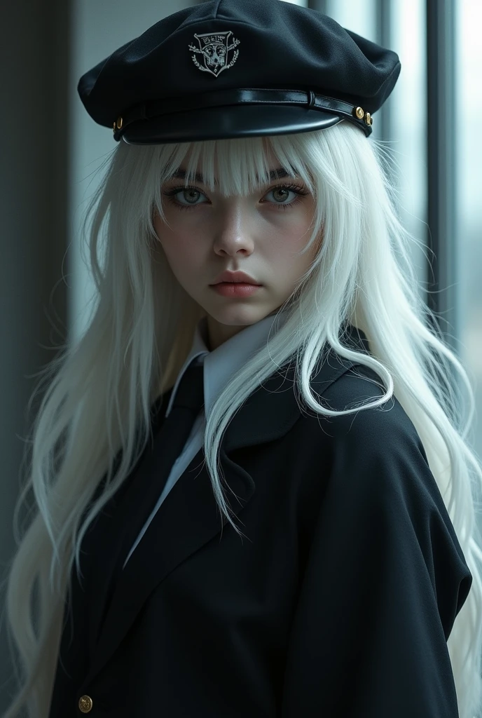 White wolf hair, black hat, wearing a black school uniform