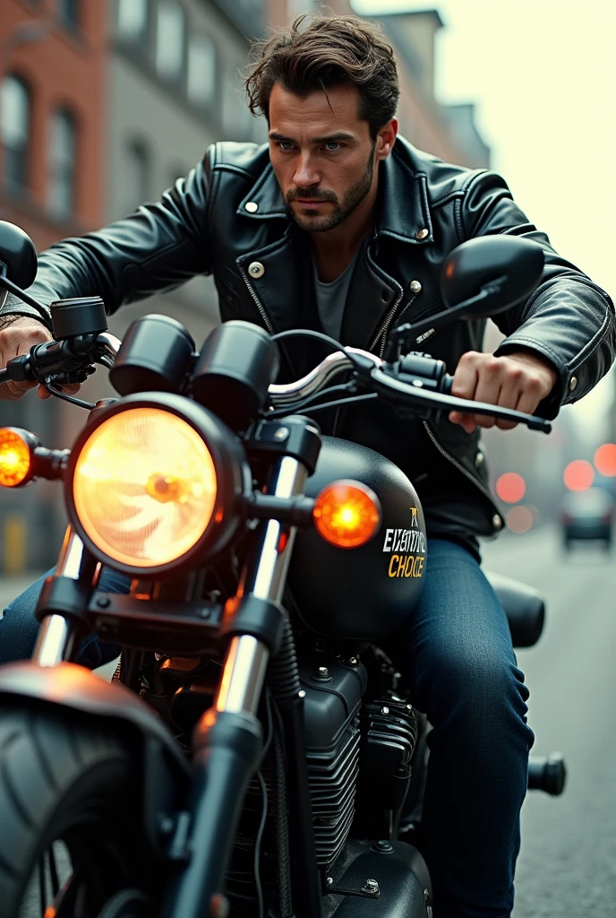 Everyones choice lettering in motorcycle with driver