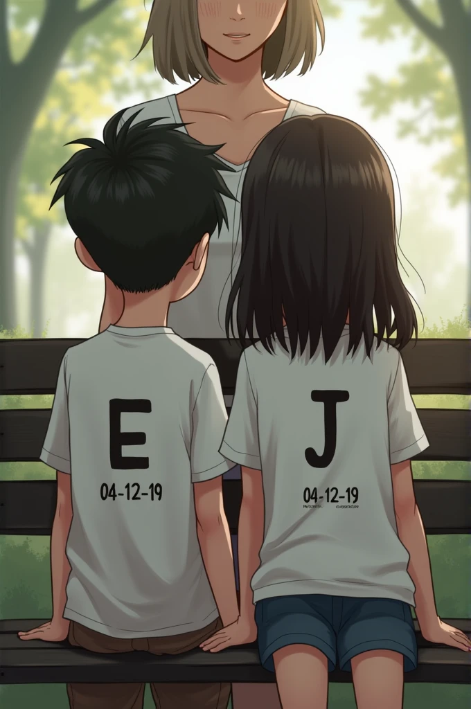 A boy and a girl sitting on a bench looking at each other. Wearing white t-shirts, the boy has the letter E on his t-shirt and the girl has the letter J on her t-shirt and below the letters they have the numbers 04-12-19. And behind them a married woman.