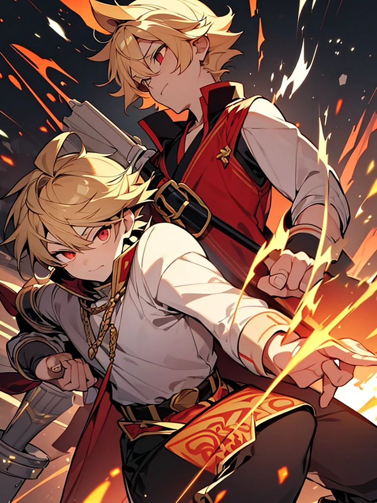 a young boy, childlike appearance, blond, with vibrant red eyes, he's low, a neutral expression, kinda lazy, wearing exotic clothes, having a gaucho style, kind of anime, being clothes a little bigger for his size, having big boots. He also has a large weapon of some sort that resembles a barbecue skewer., but you can be creative with this weapon, he also has firepower