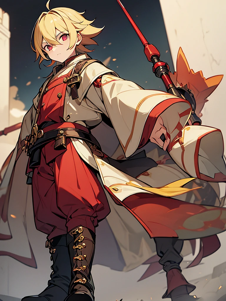 a young boy, childlike appearance, blond, with vibrant red eyes, he's low, a neutral expression, kinda lazy, wearing exotic clothes, having a gaucho style, kind of anime, being clothes a little bigger for his size, having big boots. He also has a large weapon of some sort that resembles a barbecue skewer., but you can be creative with this weapon, he also has firepower