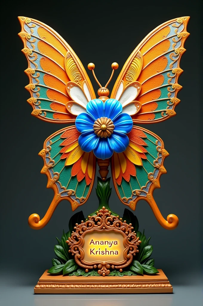 Design an intricate and decorative 3D Tiger sculpture that incorporates the Indian tricolor (saffron, white, and green) on its wings, along with detailed patterns and the Ashoka Chakra. The butterfly should have a central blue flower as its body, and it should be displayed on an elegant base that features the name 'Ananya Krishna' in a glowing, ornate plaque. The background should be simple, allowing the detailed artwork and vibrant colors of the butterfly to stand out, creating