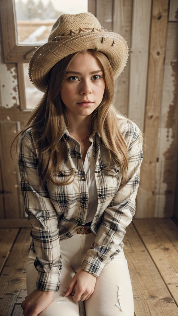 a beautiful detailed woman,avril lavigne,beige boots,white leggings,plaid flannel shirt,cowgirl hat,barn,detailed portrait,highly detailed,photorealistic,8k,ultra-realistic,vivid colors,dramatic lighting,depth of field,soft focus,natural skin tones,hyper detailed fashion,intricate textures,dynamic pose,atmospheric environment,cinematic framing