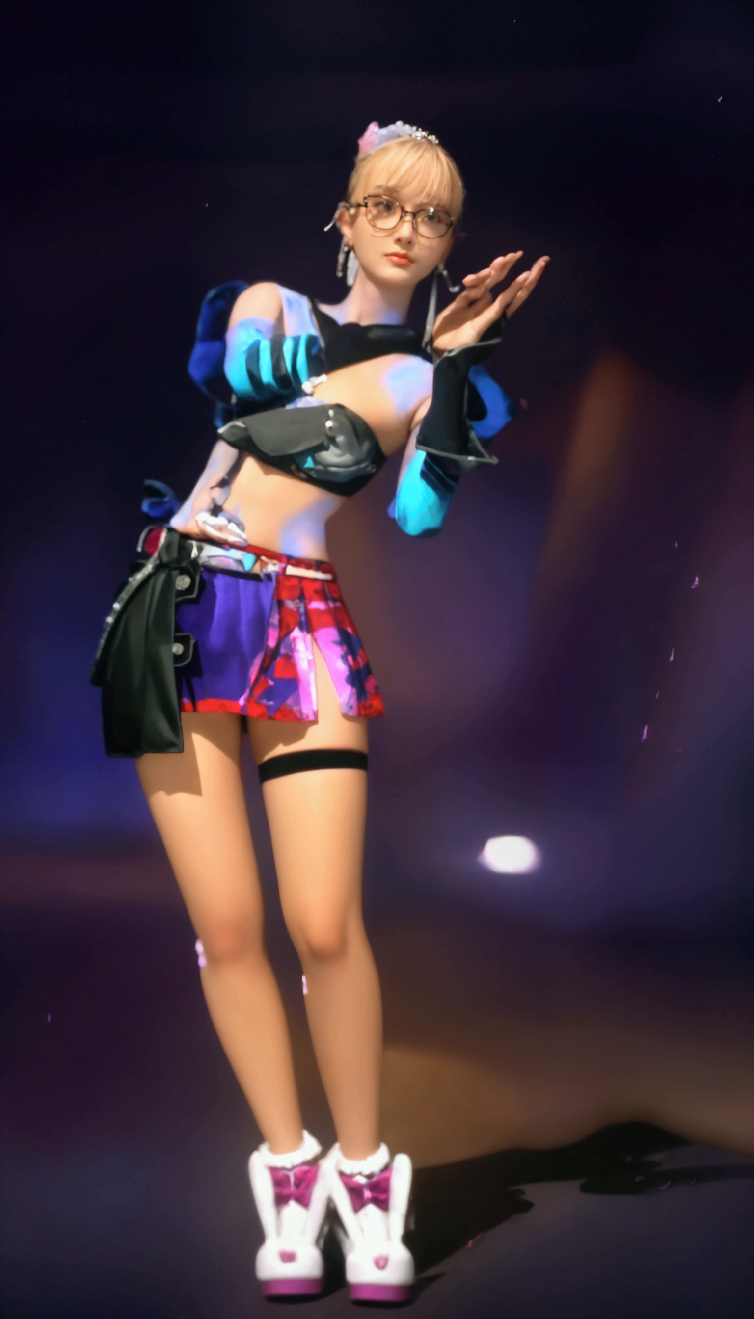 1girl, (solo), medium straight hair, dark blue hair, blue eyes!, arrogant face, medium breasts, white crop top!, blue short jean!, black boots, black gloves, small size, fair skin, full body, fighting pose, arena, (night), (very sexy body, detailed face, masterpiece, highly detailed, 8k, best quality, vibrant colors, digital art, concept art)