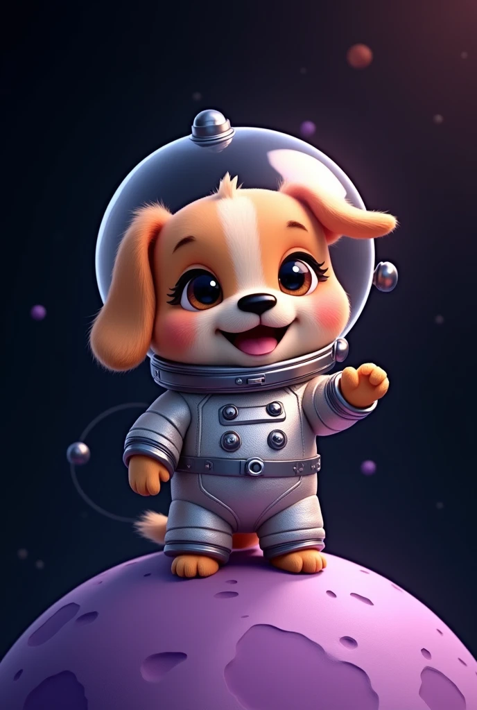 An adorable little dog wearing a shiny astronaut suit with a transparent helmet, saying hello above a stylized purple moon. The moon has craters and textures, and the background is a deep black, creating a contrast that makes both the dog and the moon stand out. The dog has a cute, expressive face, with bright eyes visible through the helmet visor. The spacesuit has a metallic look with a connected pipe, and the image as a whole is designed in a whimsical, charming style.