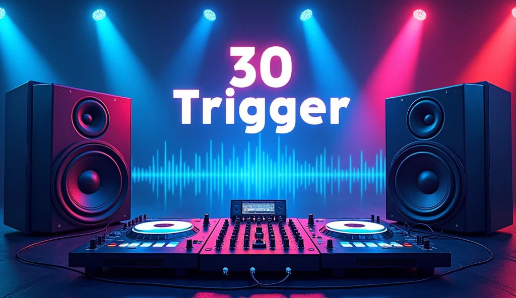 poster with large speakers and musical equipment in the background, neon blue color scheme, big text "30 Trigger" in the top left corner, large sound waves coming from speakers, black white yellow green orange purple pink red palette, in the style of photorealistic, in the style of hyper realistic. 30locent disco", background of huge speakers, keyboard and audio equipment in the foreground, neon lights, vector graphics, bright colors, neon blue light effect, musical theme, logo for DJ club "Girlz tasting techno". Vector illustration. A poster with a big sound system, dj music festival flyer or party flyer template design, in the style of ultra realistic photography