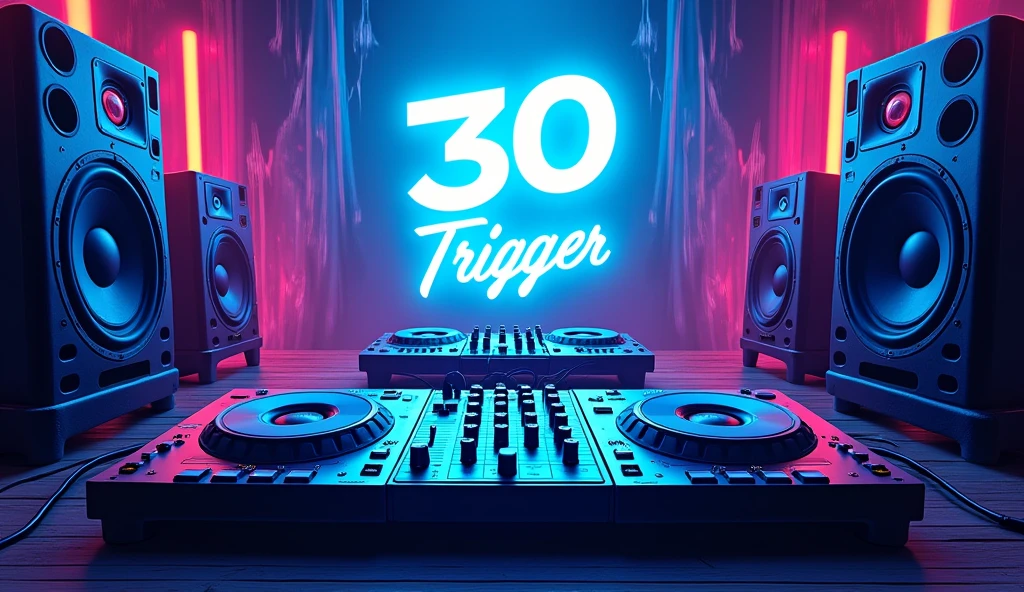 poster with large speakers and musical equipment in the background, neon blue color scheme, big text "30 Trigger" in the top left corner, large sound waves coming from speakers, black white yellow green orange purple pink red palette, in the style of photorealistic, in the style of hyper realistic. 30locent disco", background of huge speakers, keyboard and audio equipment in the foreground, neon lights, vector graphics, bright colors, neon blue light effect, musical theme, logo for DJ club "Girlz tasting techno". Vector illustration. A poster with a big sound system, dj music festival flyer or party flyer template design, in the style of ultra realistic photography