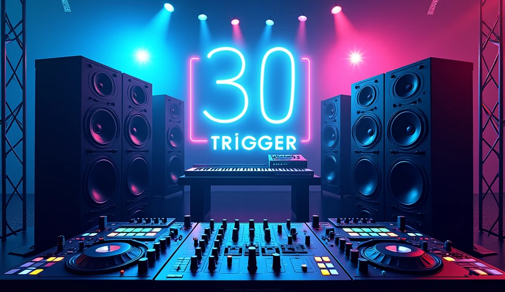 poster with large speakers and musical equipment in the background, neon blue color scheme, big text "30 Trigger" in the top left corner, large sound waves coming from speakers, black white yellow green orange purple pink red palette, in the style of photorealistic, in the style of hyper realistic. 30locent disco", background of huge speakers, keyboard and audio equipment in the foreground, neon lights, vector graphics, bright colors, neon blue light effect, musical theme, logo for DJ club "Girlz tasting techno". Vector illustration. A poster with a big sound system, dj music festival flyer or party flyer template design, in the style of ultra realistic photography