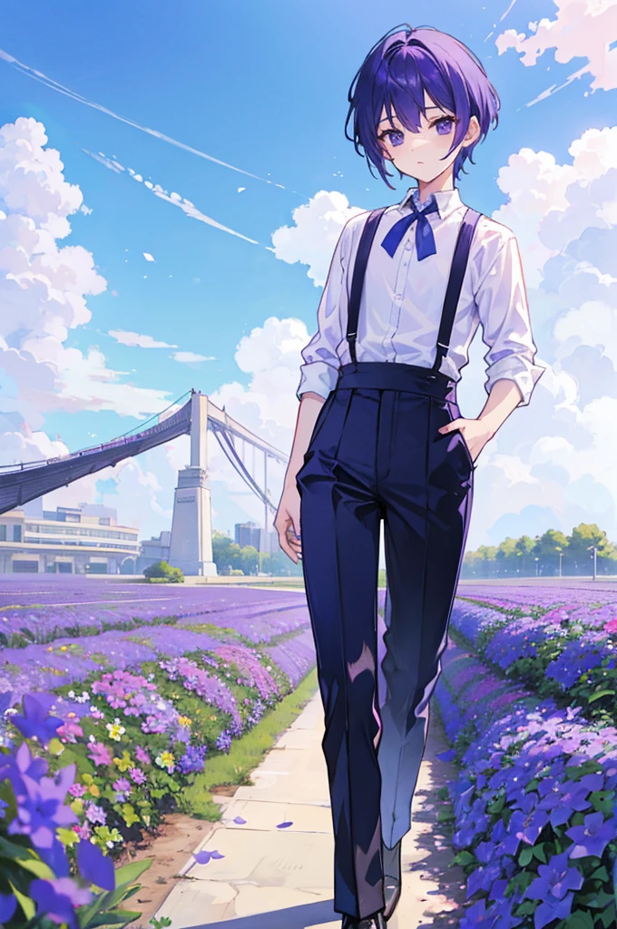Blue Sky Day、Standing in a purple flower field、With short purple hair、White shirt, black suspenders and black trousers、Boy with purple tie