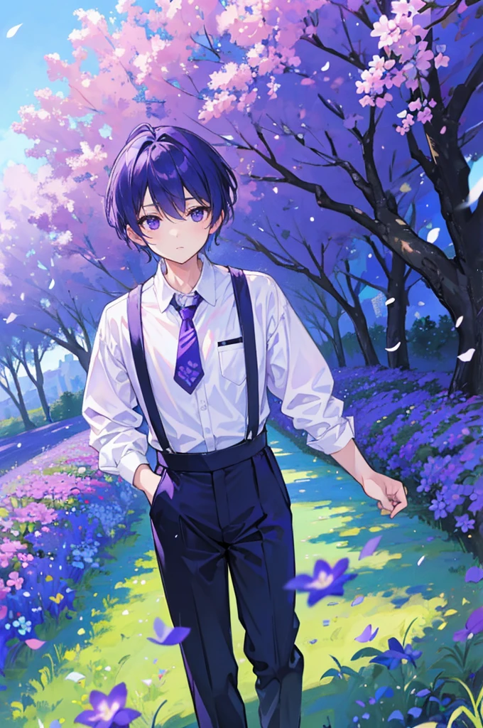 Blue Sky Day、Standing in a purple flower field、With short purple hair、White shirt, black suspenders and black trousers、Boy with purple tie