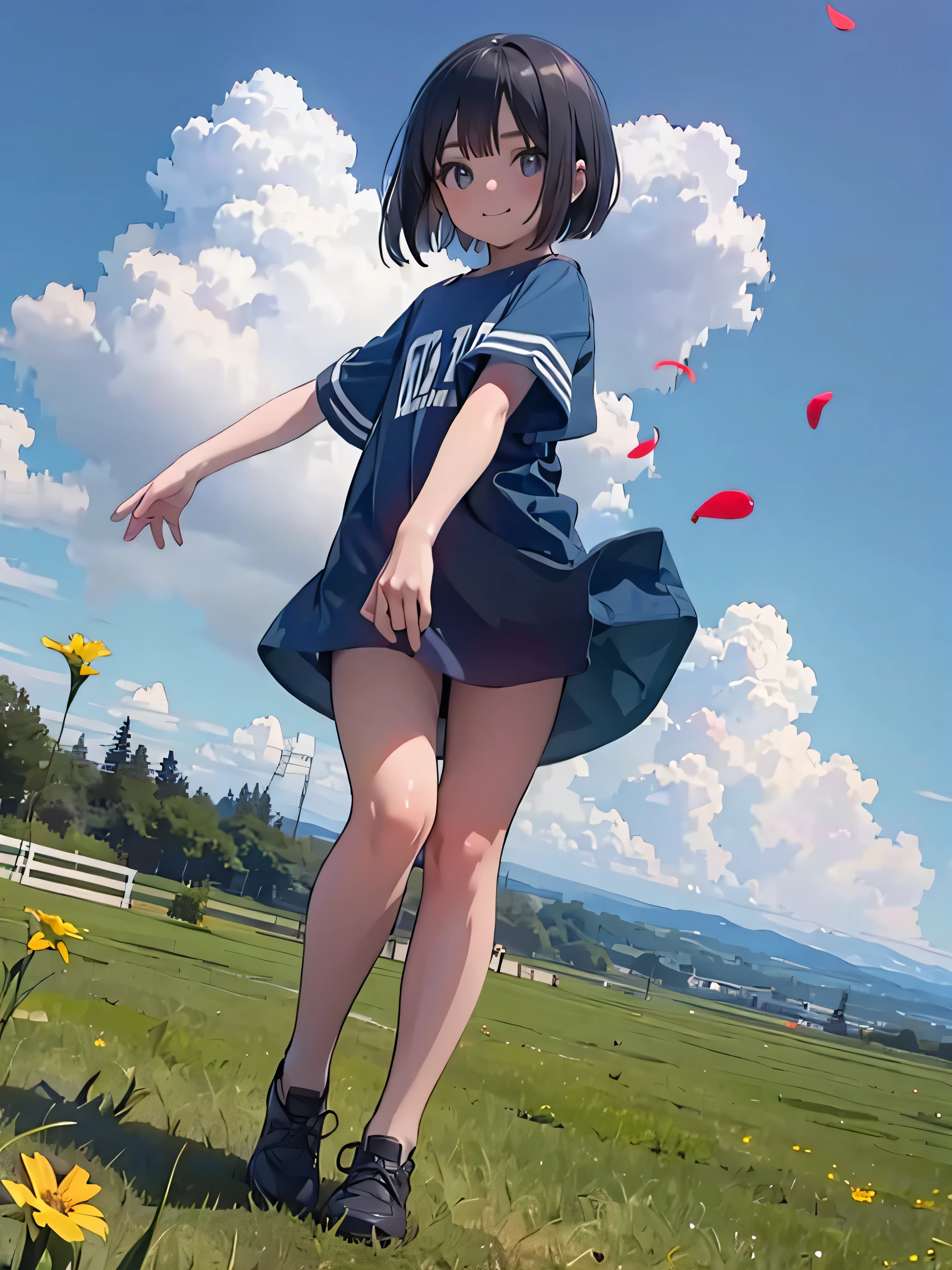Official Art, wallpaper, Very detailed, (((Very detailed))), Realistic portraits, (high quality, masterpiece, High resolution), 8K UHD, high quality, There is a woman, surrounded by colorful flowers, Flower Field, female portrait, Beautiful young dark-haired woman, 4K, 8k, Background Blur, smile, 12 years old, Bob Cut Hair, Angle from below, Dynamic, Wide angle, Aperture value F1.2, Anatomically correct, Background blur, low angle , Full body photo, short stature , The wind is blowing, Dancing petals, horizon, dance, Bouncing, Western, prairie, open field, beautiful sunny day, blue sky, Raise one leg