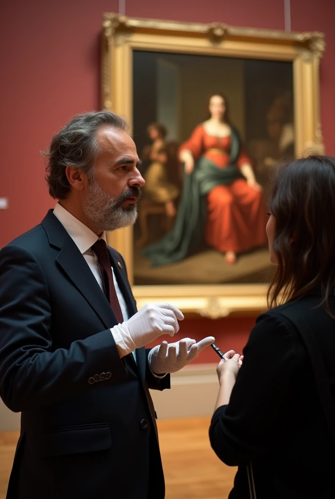 Wearing white gloves、A man explaining a painting to a visitor at a museum　Wearing a suit