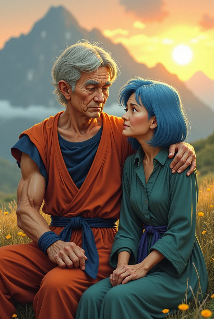 Elderly Goku and Bulma.