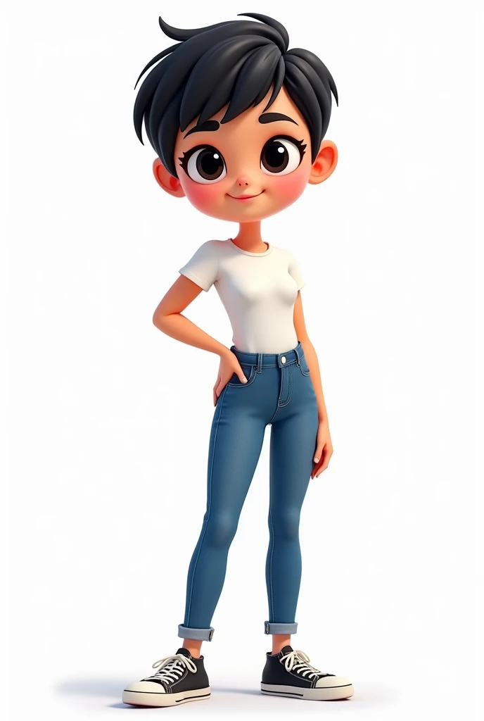 cartoon, woman, very short black hair, black round eyes, wearing a white t-shirt without a print, jeans and all star sneakers. Transparent image background
