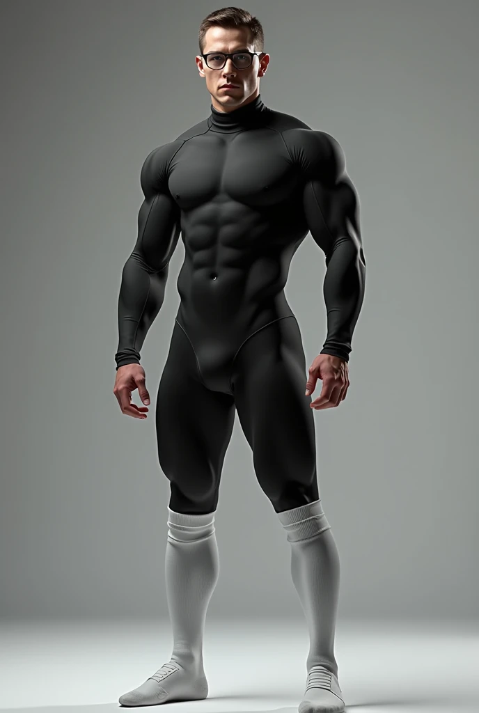 A hairless white guy in his early 20s with glasses wearing a black spandex suit that shows off a great muscular build with very muscular arms and super muscular legs., that they look aesthetic and proportionate and that these in turn are covered by extra long white soccer socks that reach up to the thighs.
This boy will also have a bulge that highlights his private parts..