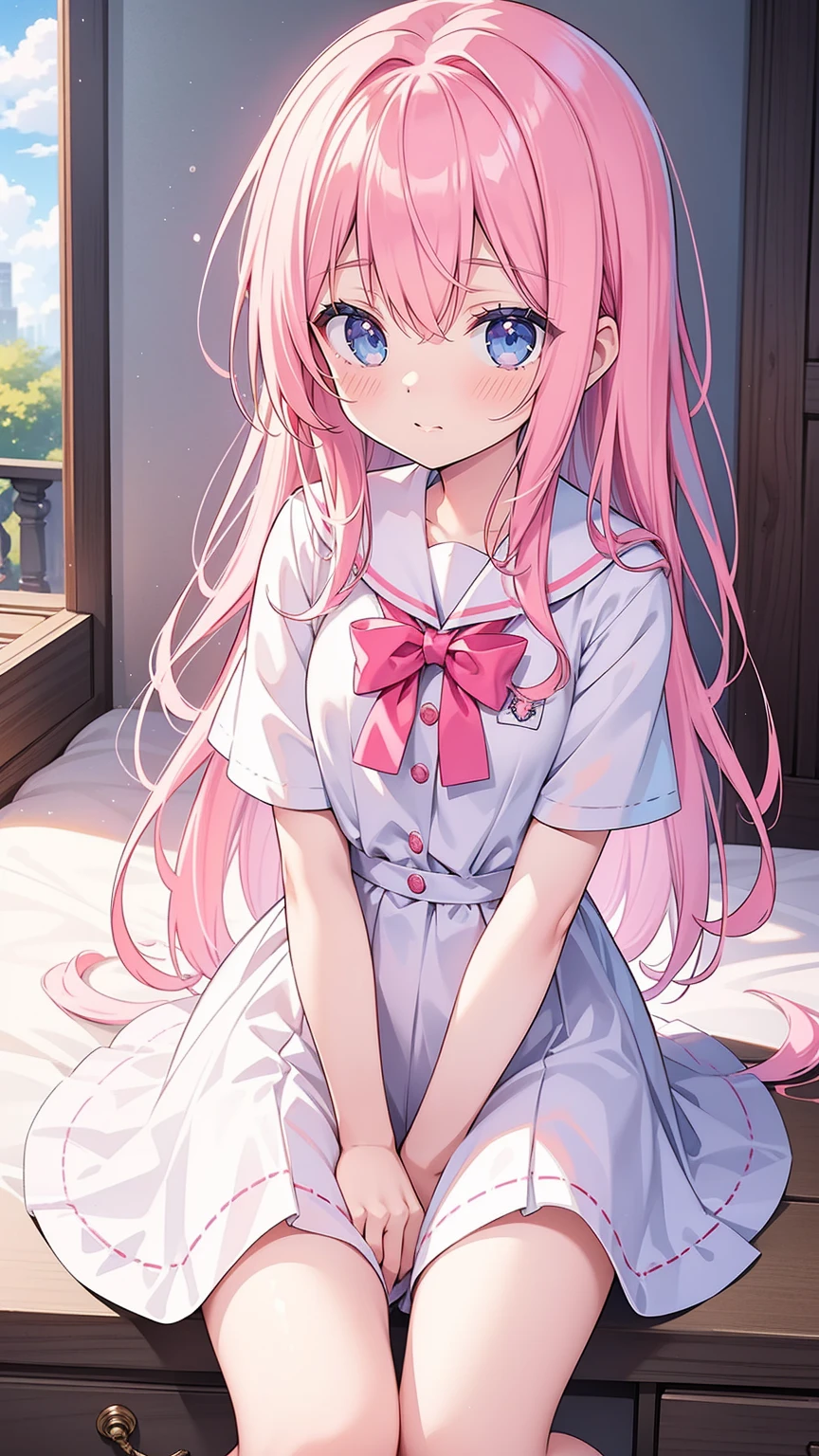 Official Art、Highest quality ultra-detailed CG art、The most beautiful girl in the world:1.2)、Seira Uniform、Pink Hair、room、young、cute、、blue eyes、