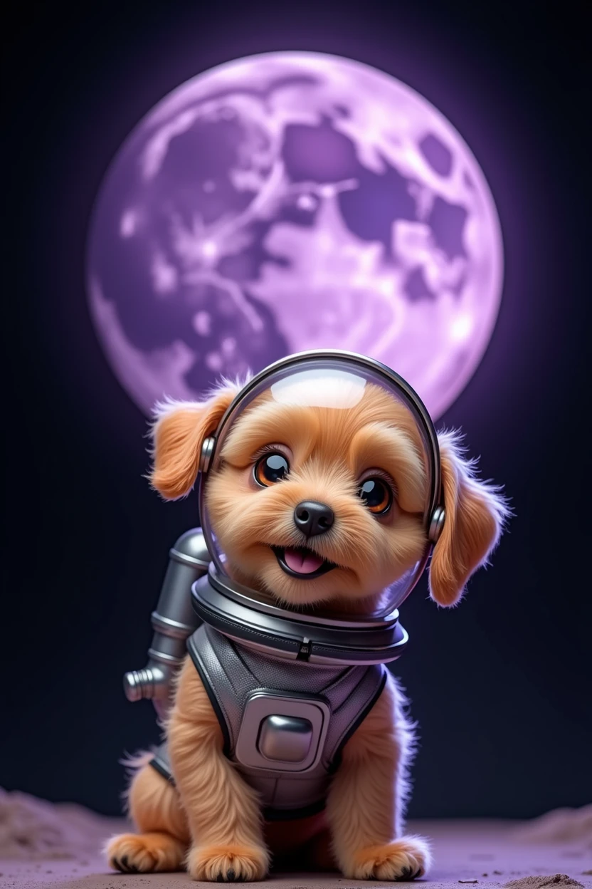 An adorable little dog wearing a shiny astronaut suit with a transparent helmet, saying hello above a stylized purple moon. The moon has craters and textures, and the background is a deep black, creating a contrast that makes both the dog and the moon stand out. The dog has a cute, expressive face, with bright eyes visible through the helmet visor. The spacesuit has a metallic look with a connected pipe, and the image as a whole is designed in a whimsical, charming style.