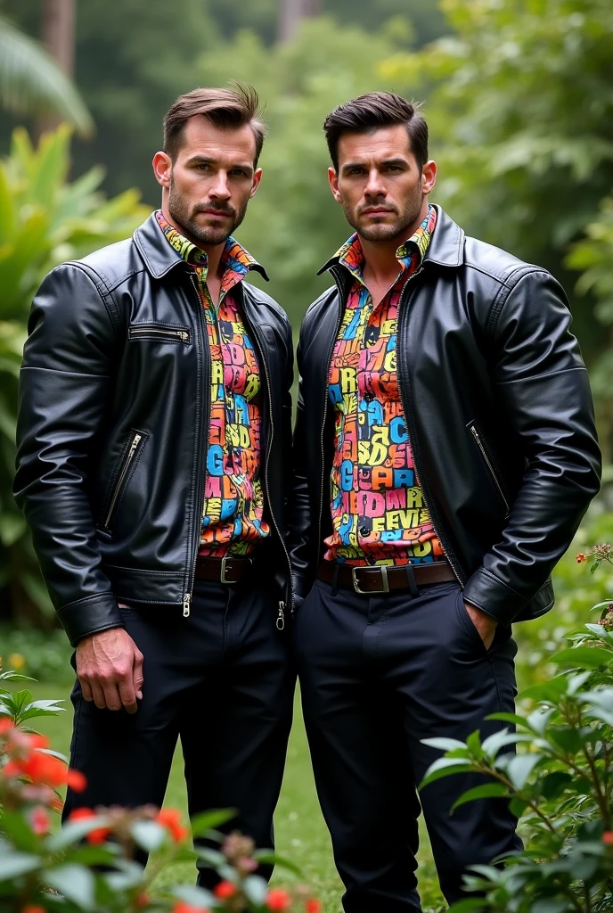 Big giant body builder men wearing black leather jacket on unbuttoned multi colored dress shirt with alphabet prints at garden 